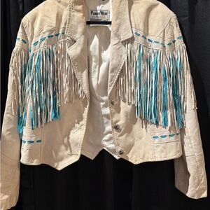 Pioneer Wear Women's Fringe Leather Jacket - Cream and Teal